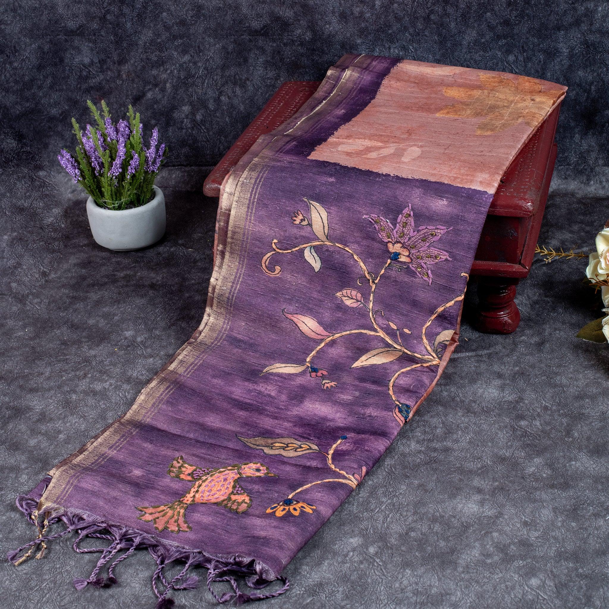 Semi Tussar Silk Saree – Eco Digital Floral & Leaf Print - Kleem Boutique