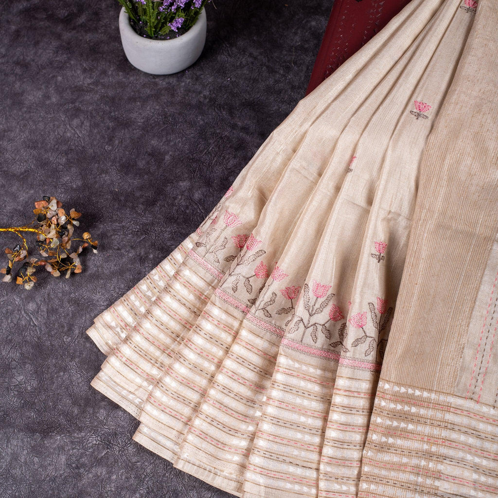 Semi Tussar Silk Saree – Floral Motifs with Kantha Work Border - Kleem Boutique