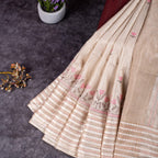 Semi Tussar Silk Saree – Floral Motifs with Kantha Work Border - Kleem Boutique