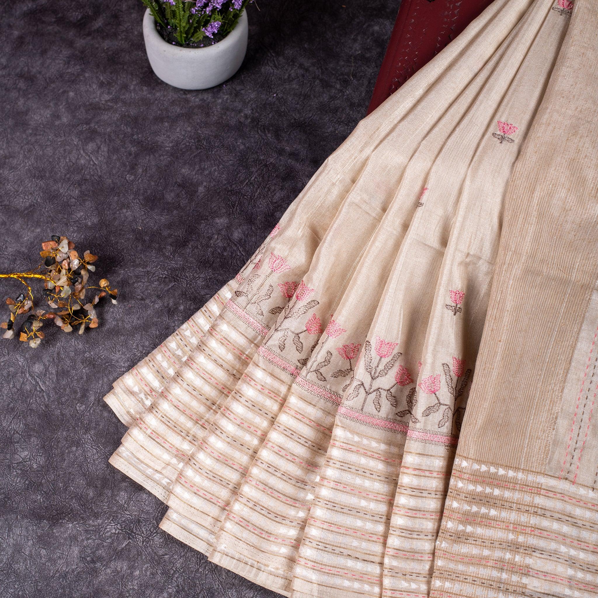 Semi Tussar Silk Saree – Floral Motifs with Kantha Work Border - Kleem Boutique