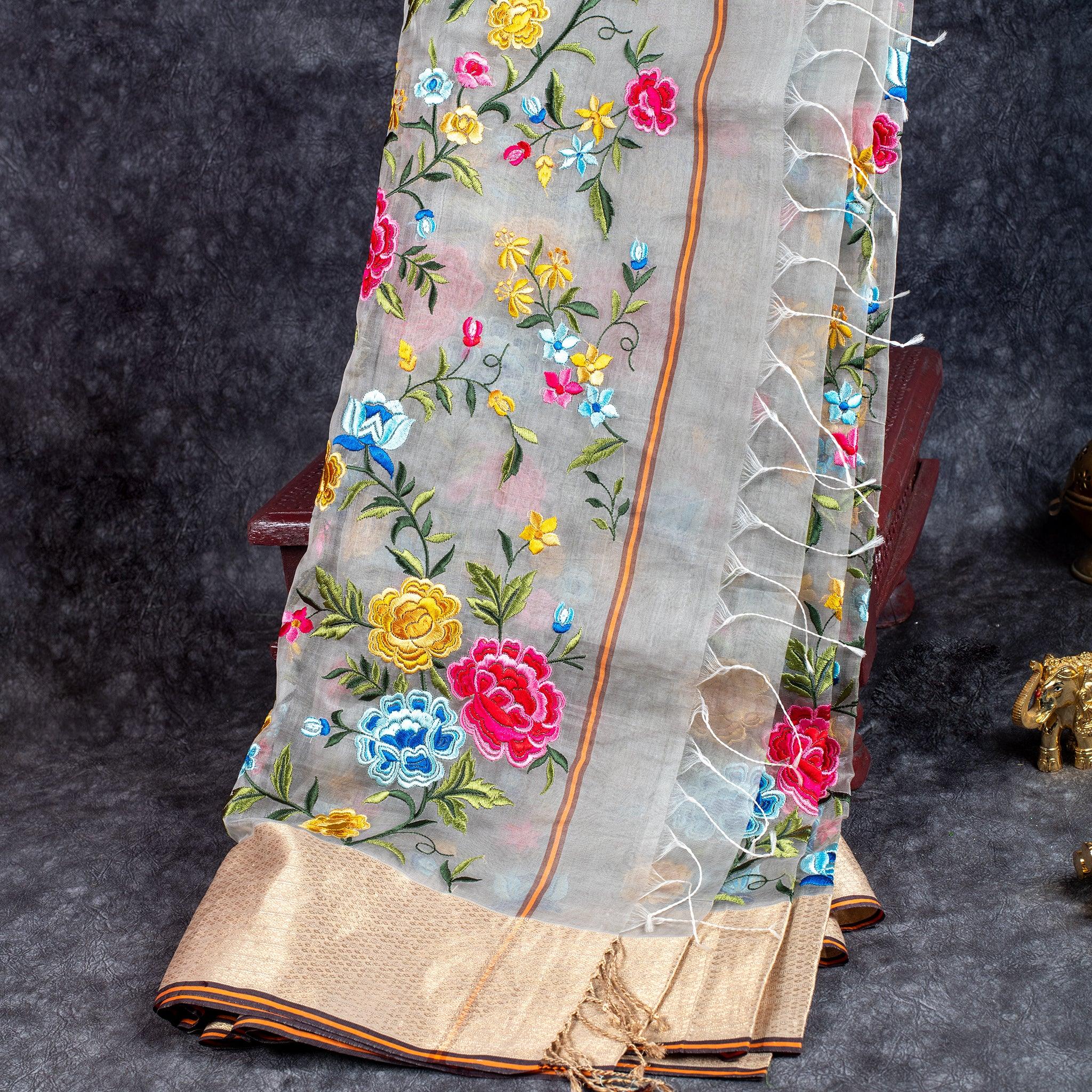 Pure Handloom Kora Saree with Parsi Embroidery & Zari Border – Grey Secondary image