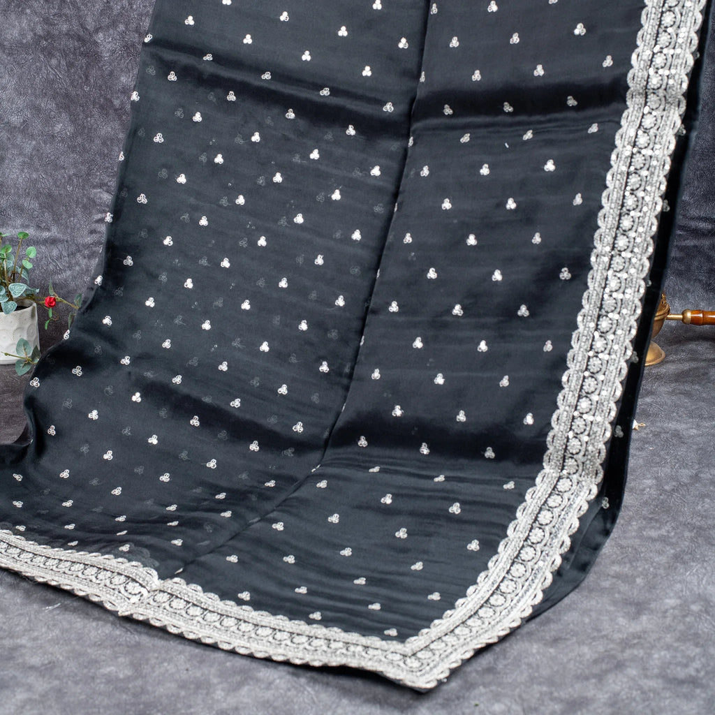 Pure Handloom Kora Silk Saree with Sequins Embroidery – Black
