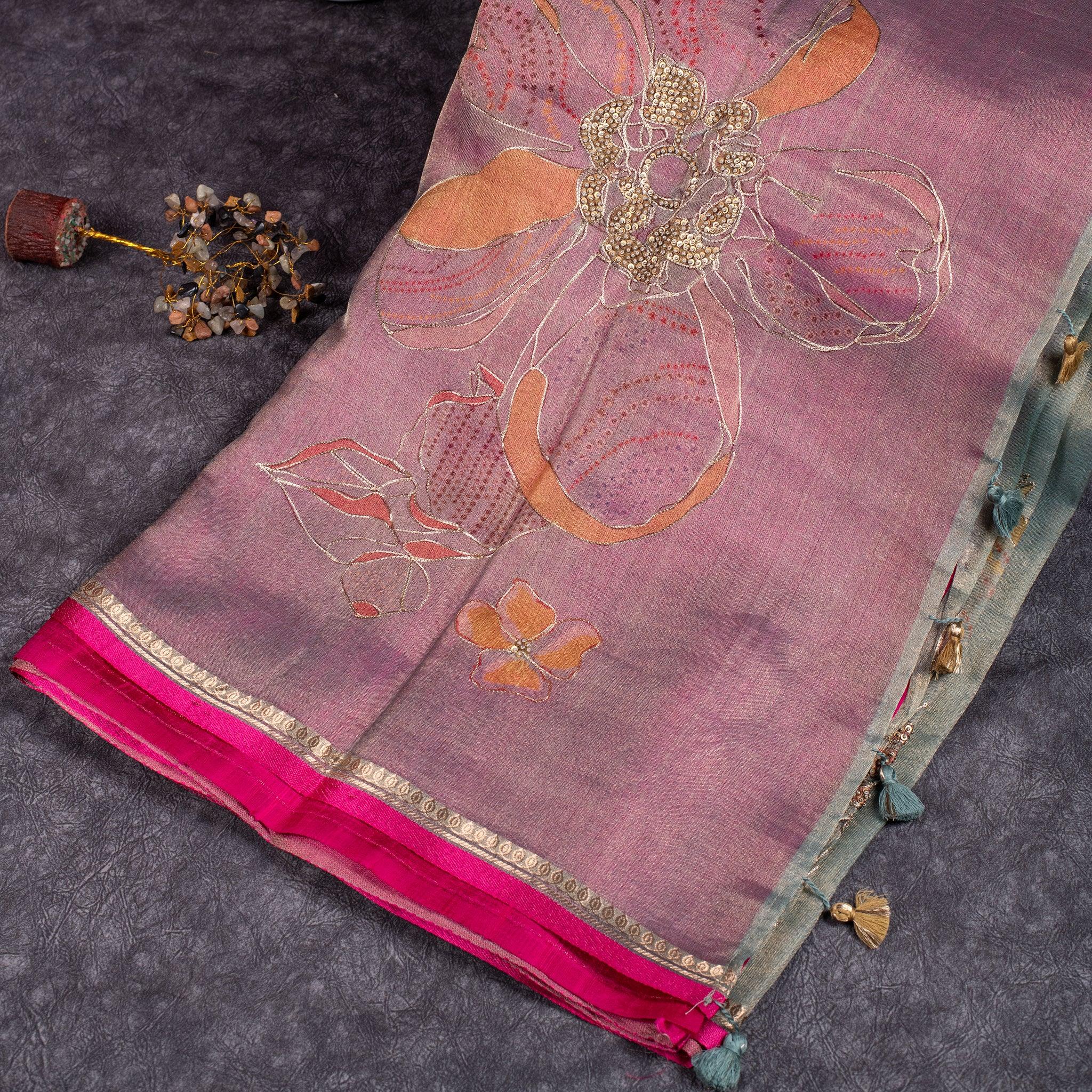 Handloom Organza Tissue Saree – Floral Digital Print with Hand Embroidery - Kleem Boutique