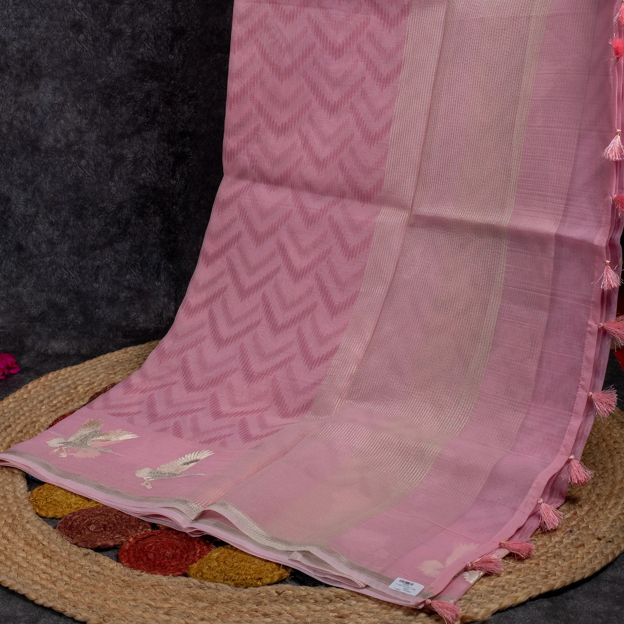 Organza Saree with Digital Print & Flamingo Embroidered Border - PInk Secondary image