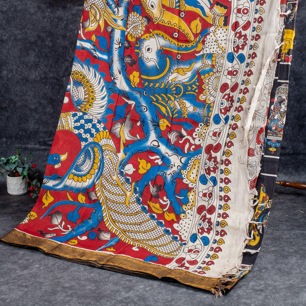 Pure Handloom Nizam Border Silk Saree with Kalamkari Print - Kleem Boutique