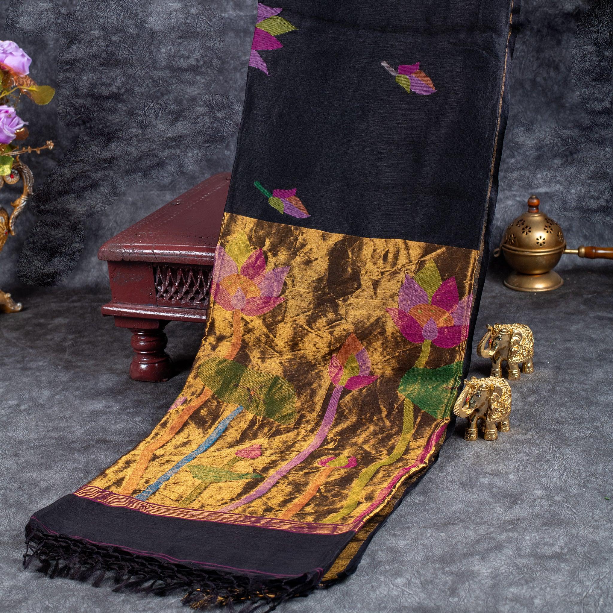 Matka Silk Jamdani Saree – Handwoven Artistic Elegance-Black - Kleem Boutique