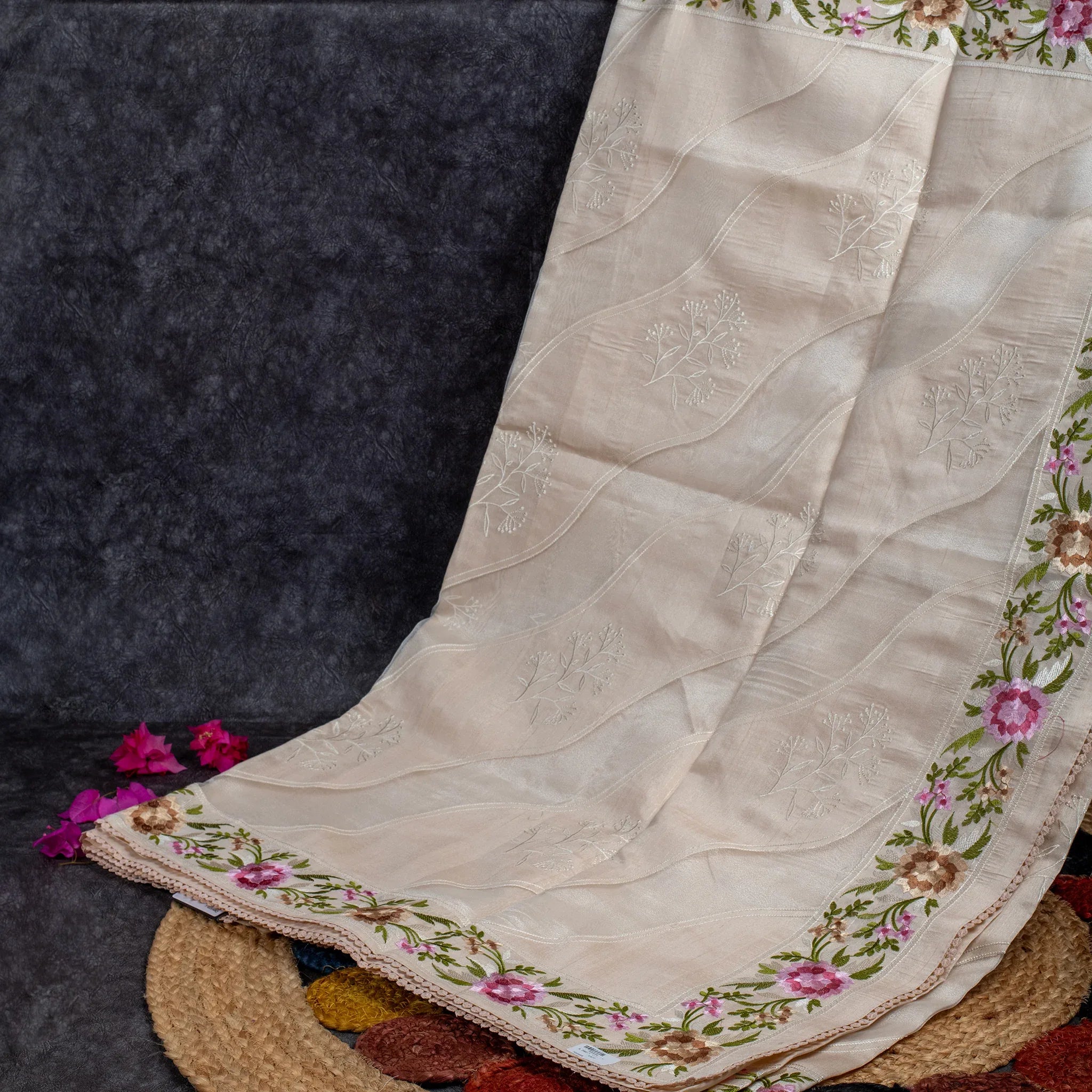 Semi Tussar Silk Saree – Organza & Tussar Fusion with Embroidery - Off-White Secondary image