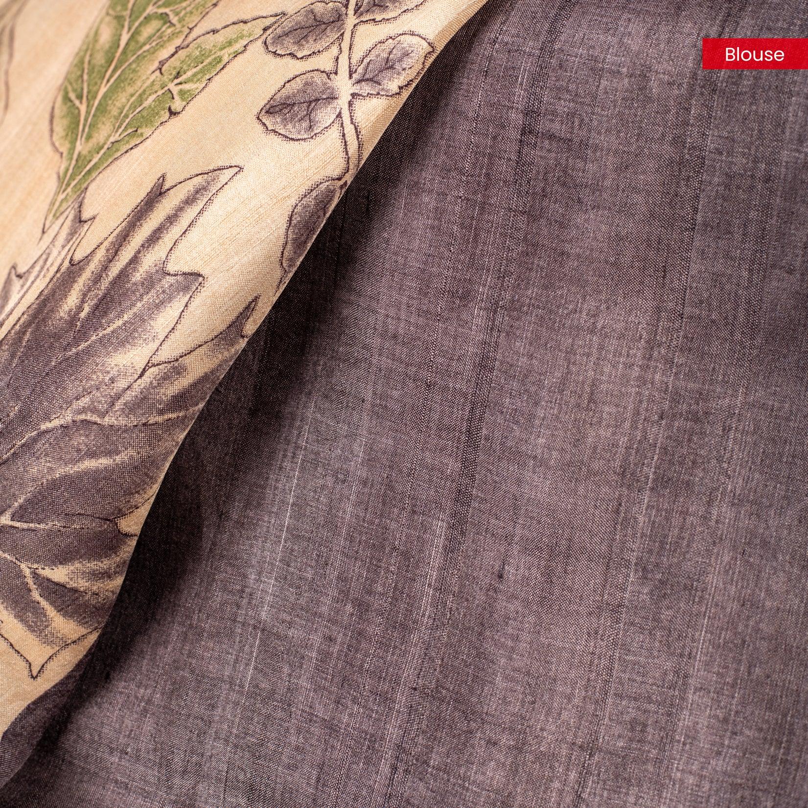 Pure Handloom Tussar Eco Printed Off-White & Grey Saree with Contrast Pallu and Blouse - Kleem Boutique