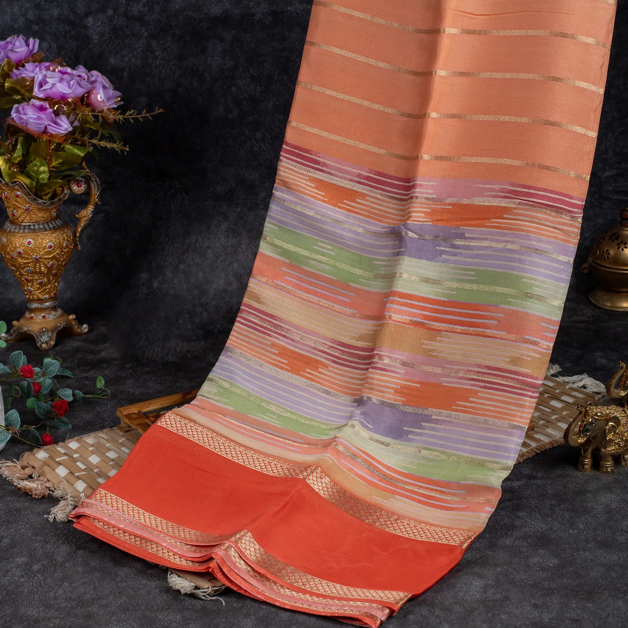 Shrinagar Silk Saree – Chinnon Crepe Fabric - Light Orange with Dark Orange - Kleem Boutique
