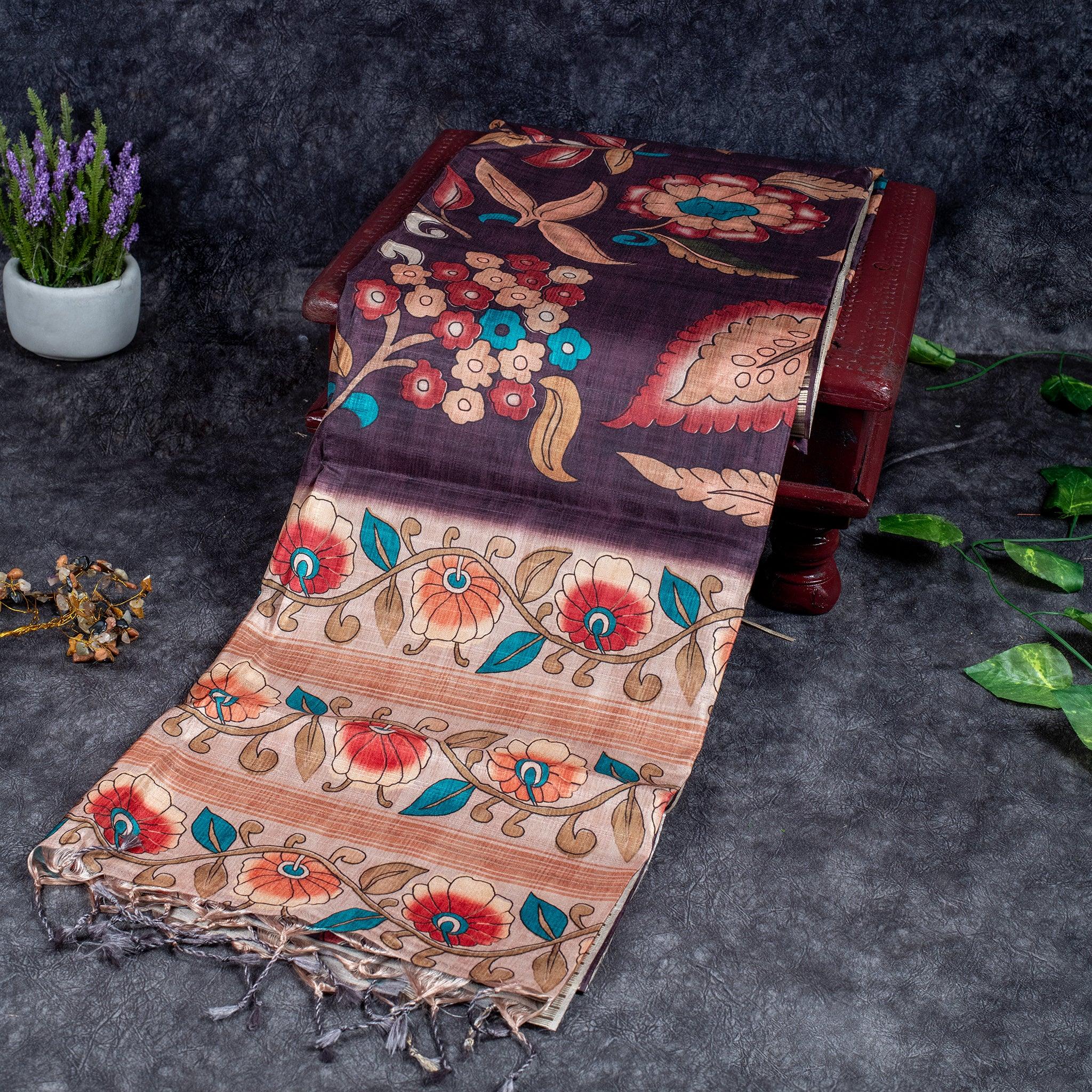 Semi Tussar Silk Saree – Kalamkari Floral Design with Zari Border - Kleem Boutique