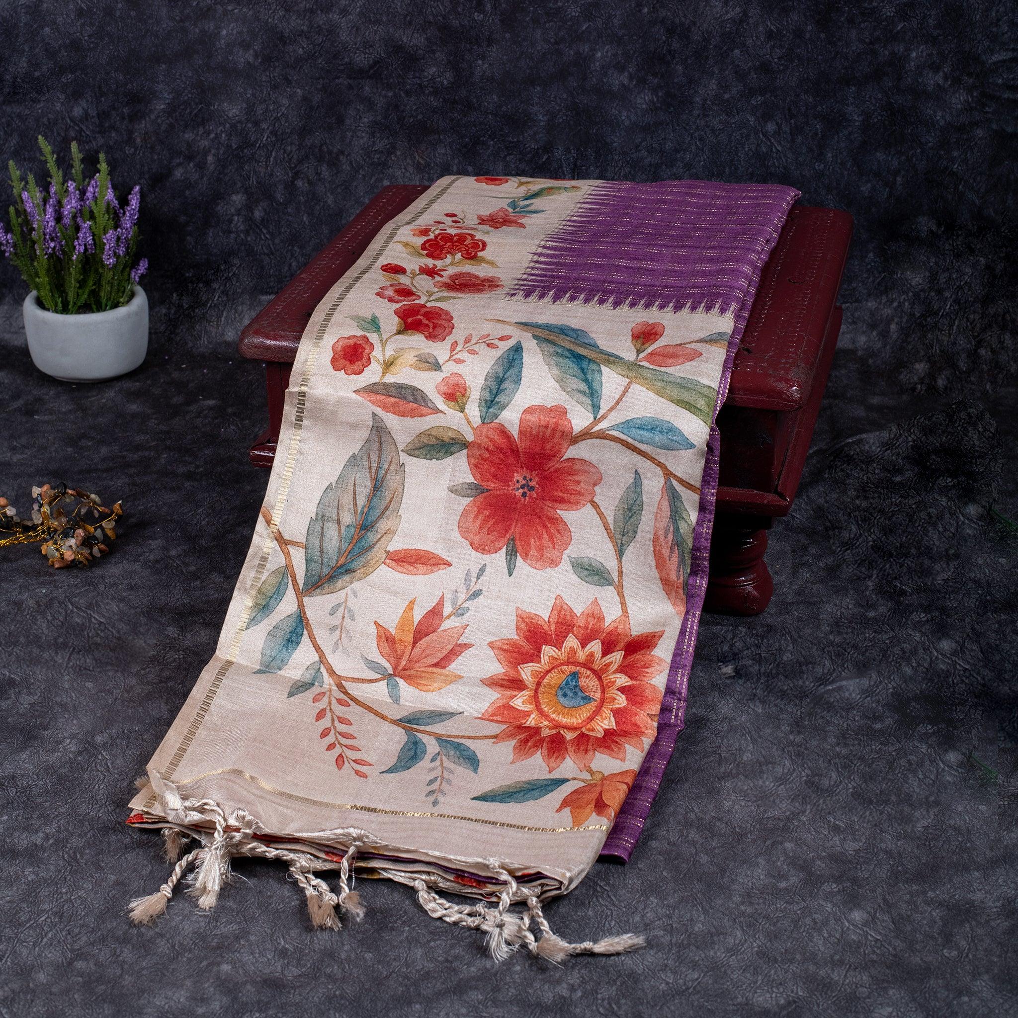 Semi Tussar Silk Saree – Zari Checks with Off-White Floral Pallu Secondary image