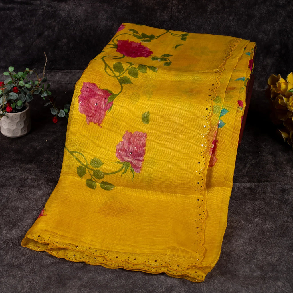 Tussar Kota Yellow Saree with Digital Print & Mukesh Work - Kleem Boutique