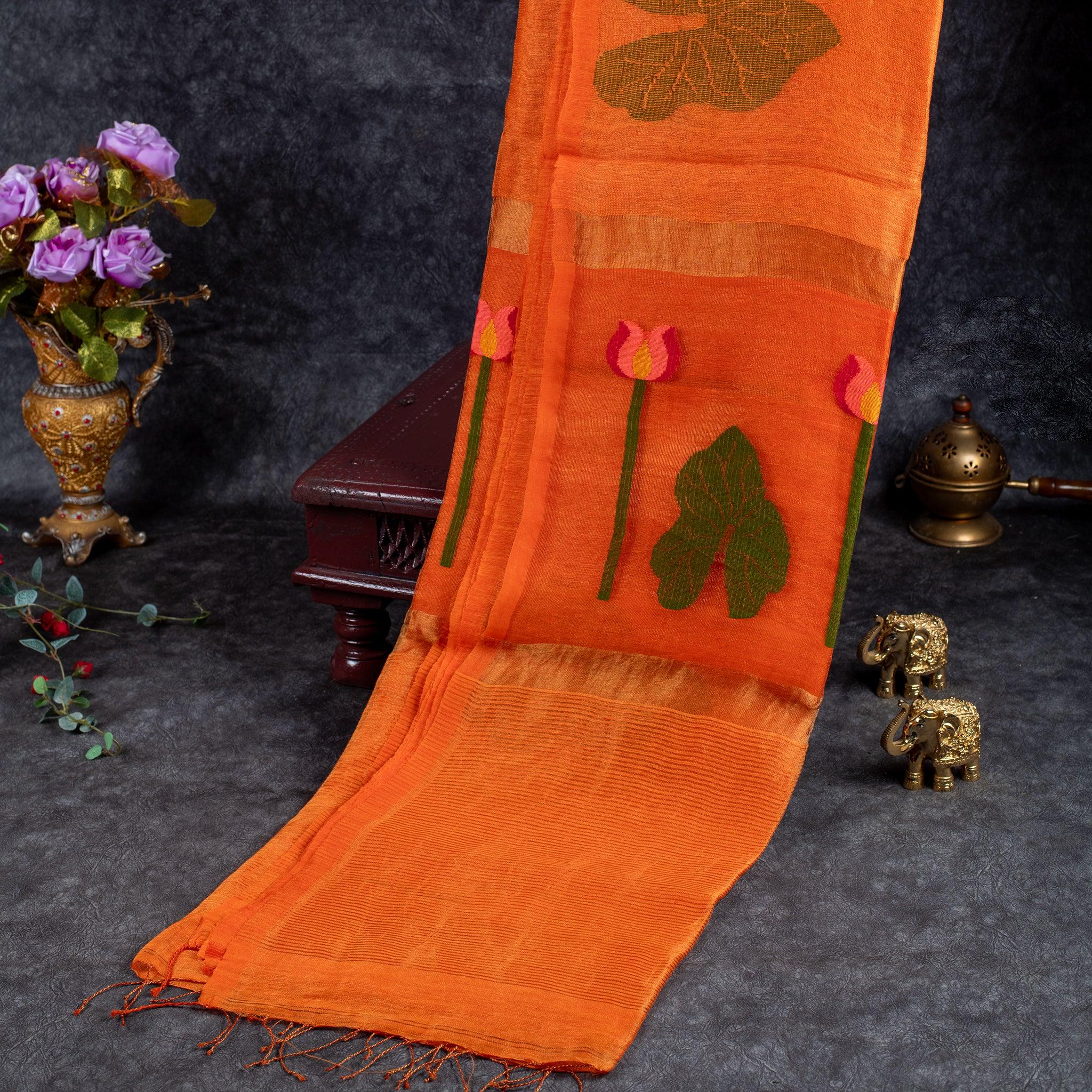 Jamdani Silk Saree with Horizontal Line Design – Handwoven Elegance -Orange - Kleem Boutique