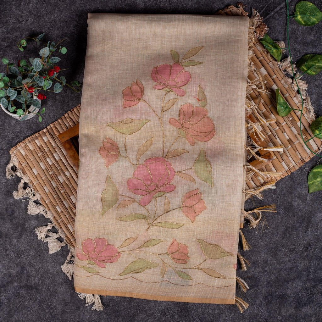 Linen Tissue Silk Saree – Off-White Digital Print - Kleem Boutique