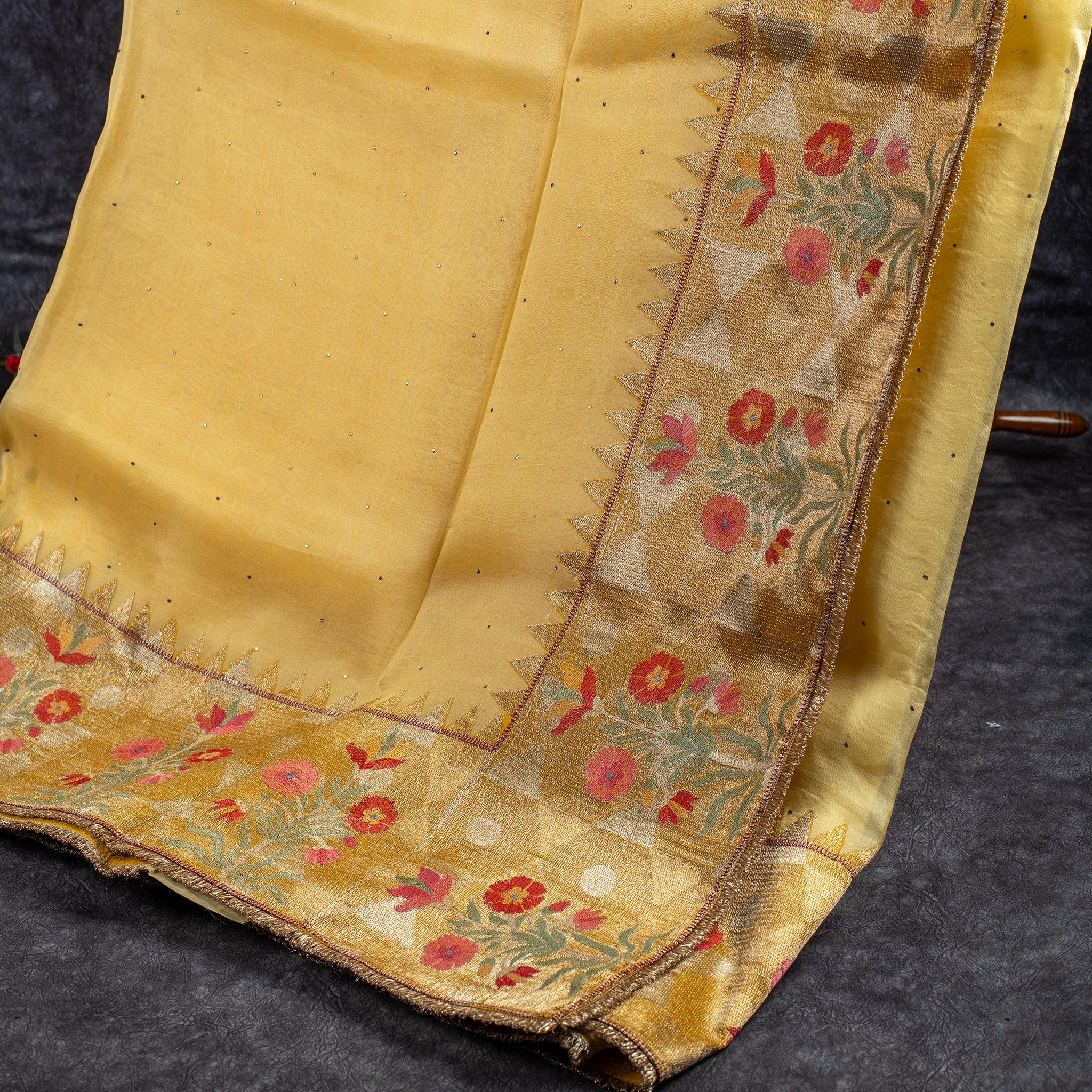 Pure Handloom Banarasi Kora Saree with Mukesh Work – Mustard Yellow - Kleem Boutique