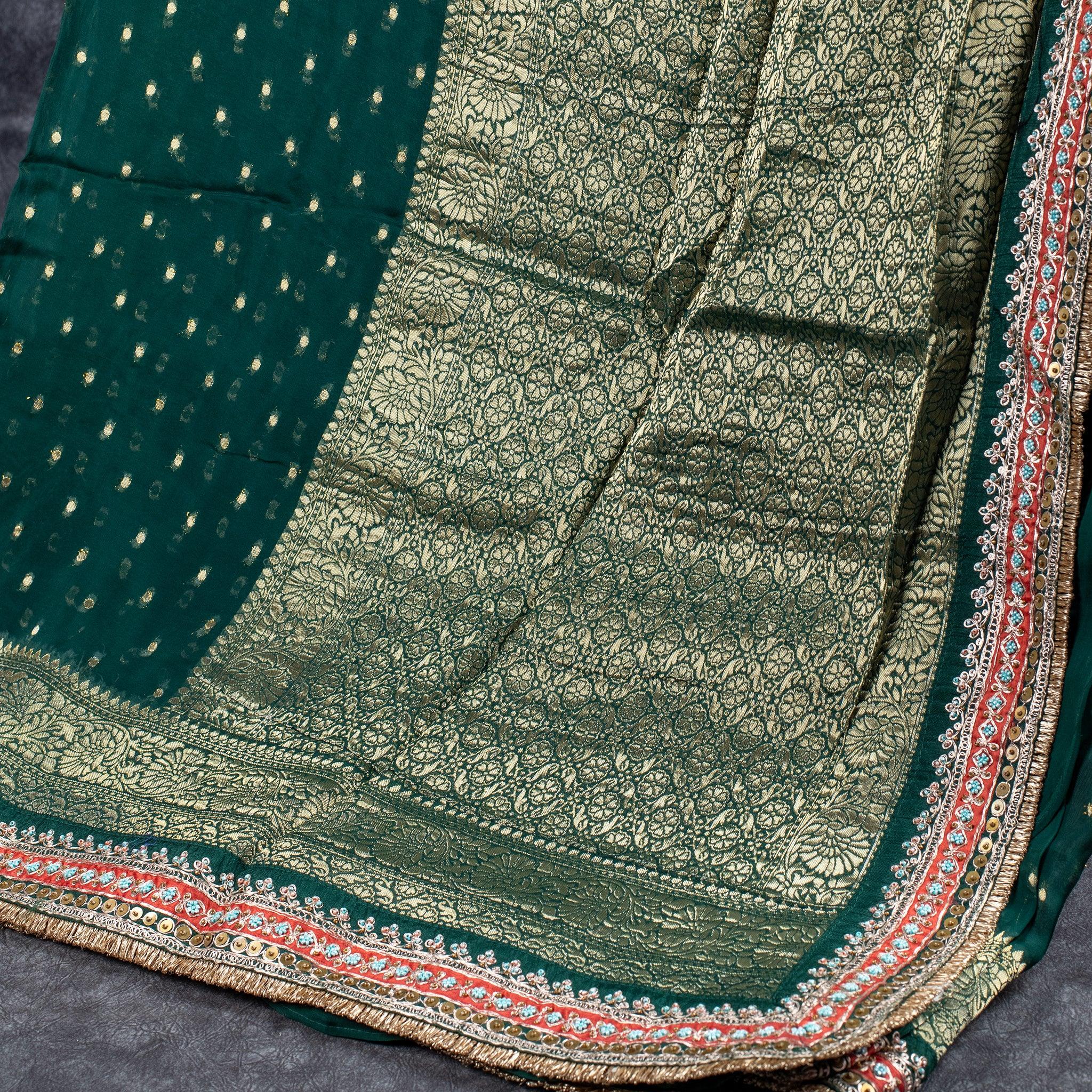 Satin Organza Saree with Banarasi Border & Kiran Patti – Bottle Green Secondary image