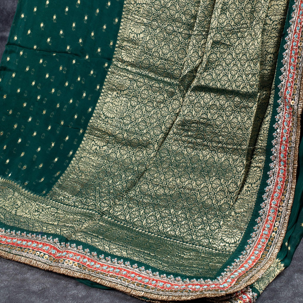 Satin Organza Saree with Banarasi Border & Kiran Patti – Bottle Green