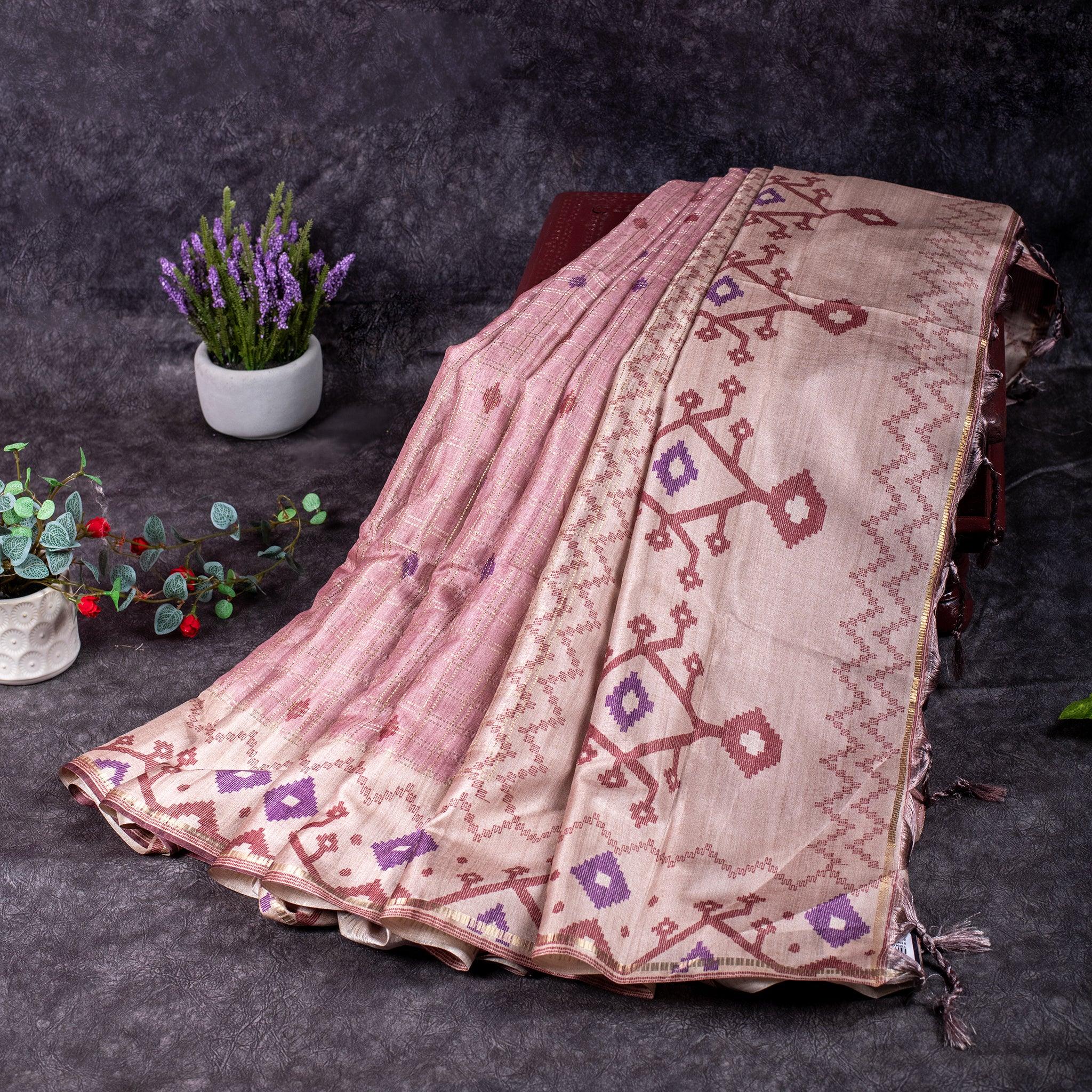 Semi Tussar Silk Saree – Zari Checks with Jamdani Print Border Secondary image