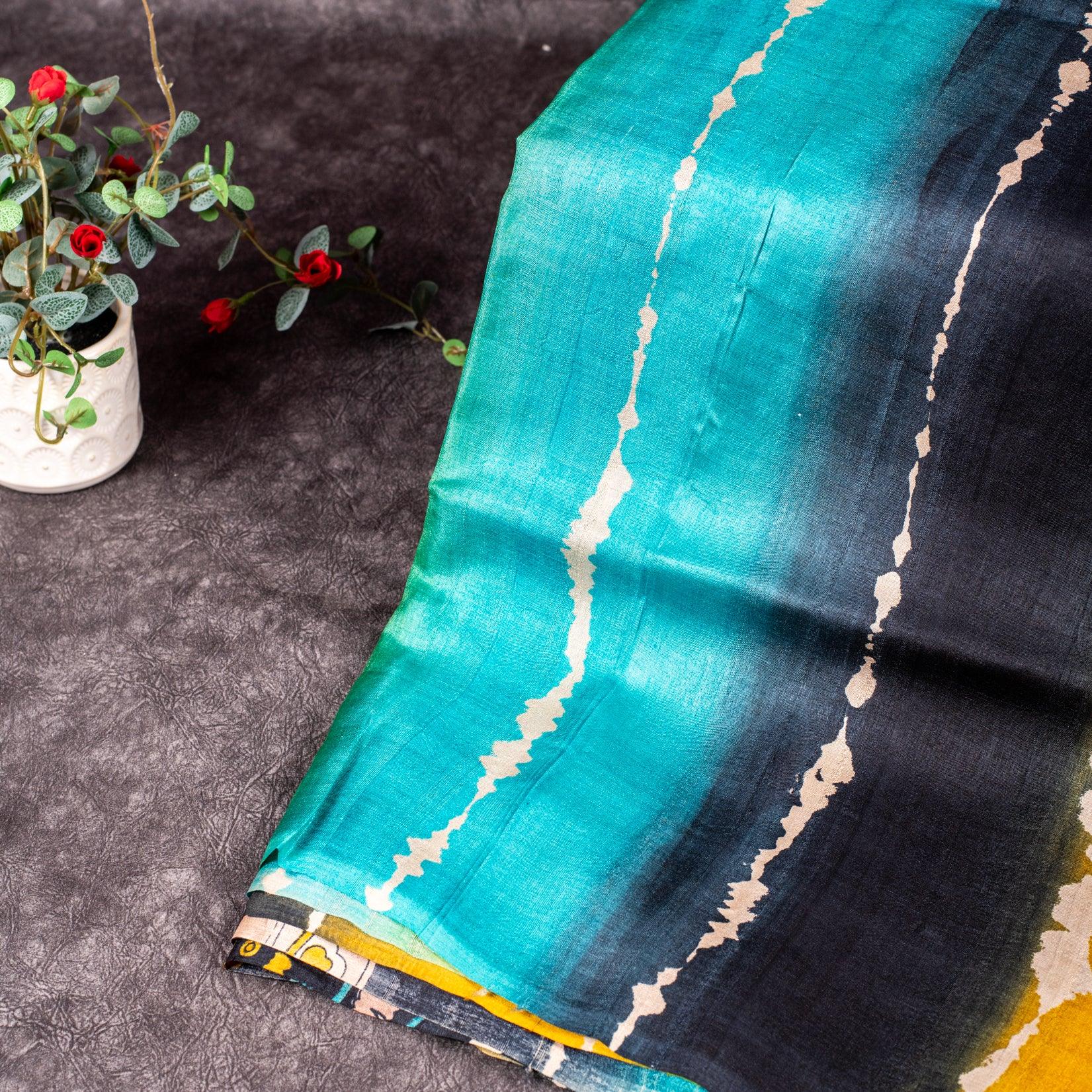 Pure Handloom Tussar Silk Saree with Vibrant Sequence Prints & Kalamkari Pallu Secondary image