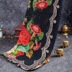 Black Digitally Printed Georgette Saree with Mukesh & Scallop Pitta Work - Black