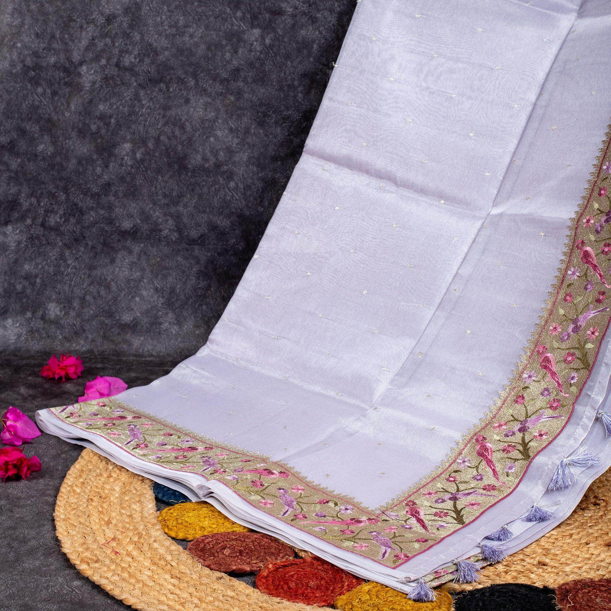 Tissue Organza Saree with Paithani-Inspired Border - lavender (light lilac) - Kleem Boutique