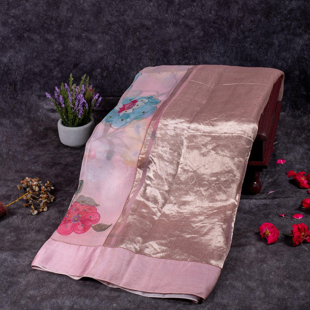 Kora Organza Saree with Floral Digital Print & Hand Embroidery - Kleem Boutique