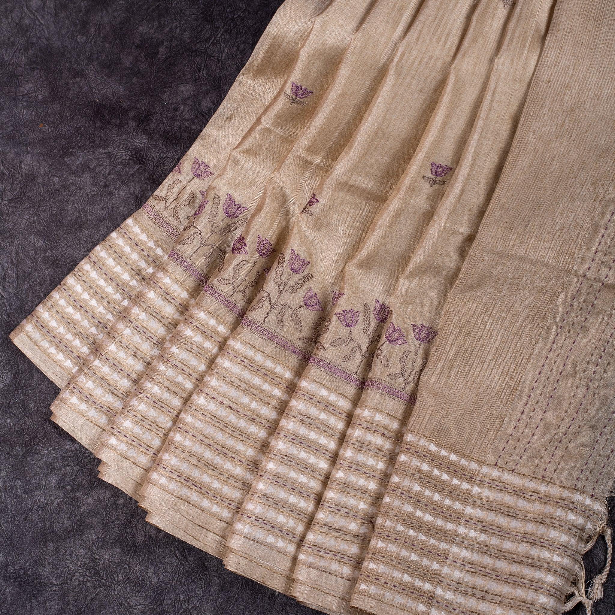 Semi Tussar Silk Saree – Floral Motifs with Kantha Work Border - Kleem Boutique