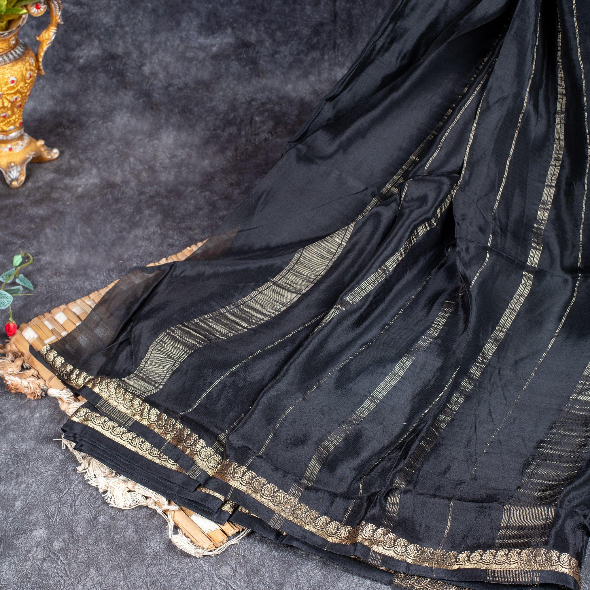 Mysore Crepe Saree with Contrast Blouse - Black Secondary image