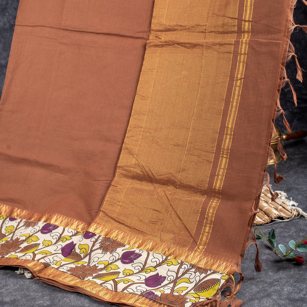 Pure Handloom MG Cotton Saree with Kalamkari Patch Work - Brown - Kleem Boutique