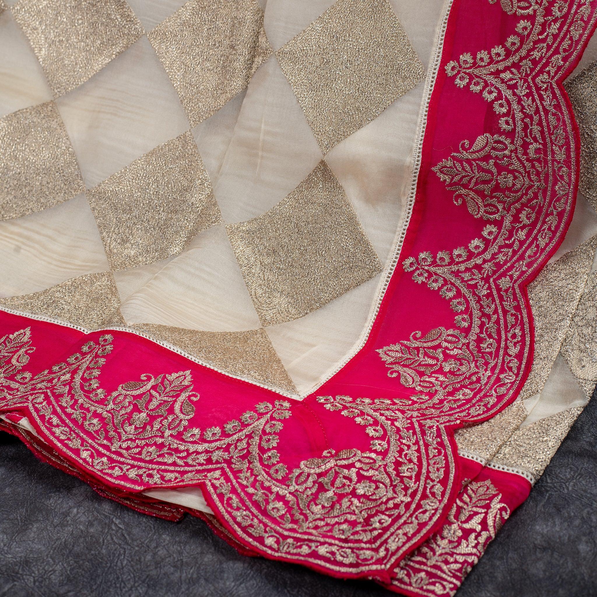 Pure Handloom Tissue Organza Saree with Sequin Appliqué Work - Off-White with Pink Border - Kleem Boutique