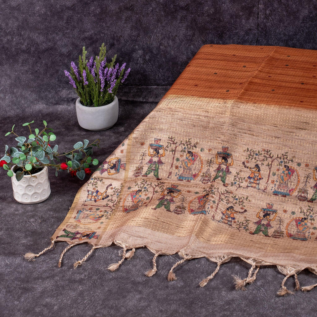 Semi Tussar Silk Saree – Zari Dotted Lines with Madhubani Pallu - Kleem Boutique