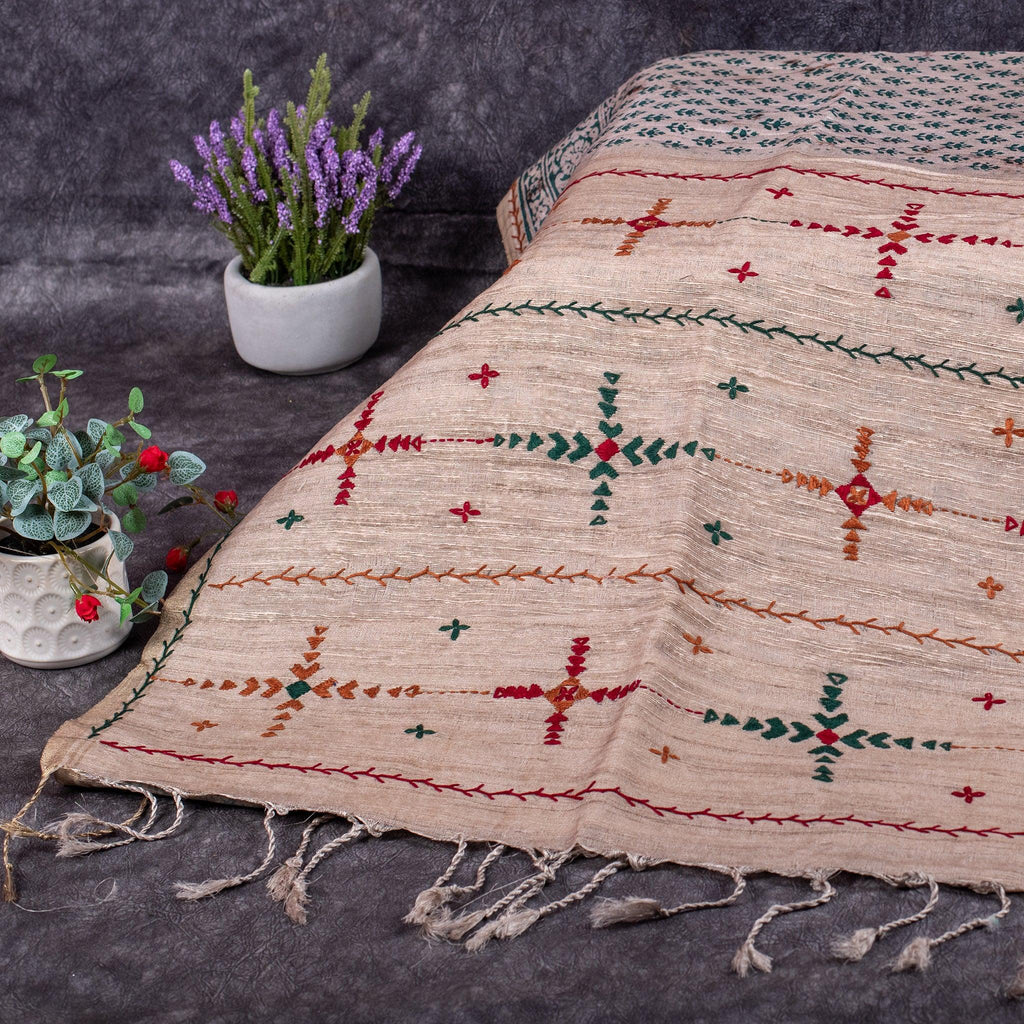 Semi Tussar Silk Saree – Dabu Print with Kantha Work Pallu - Kleem Boutique