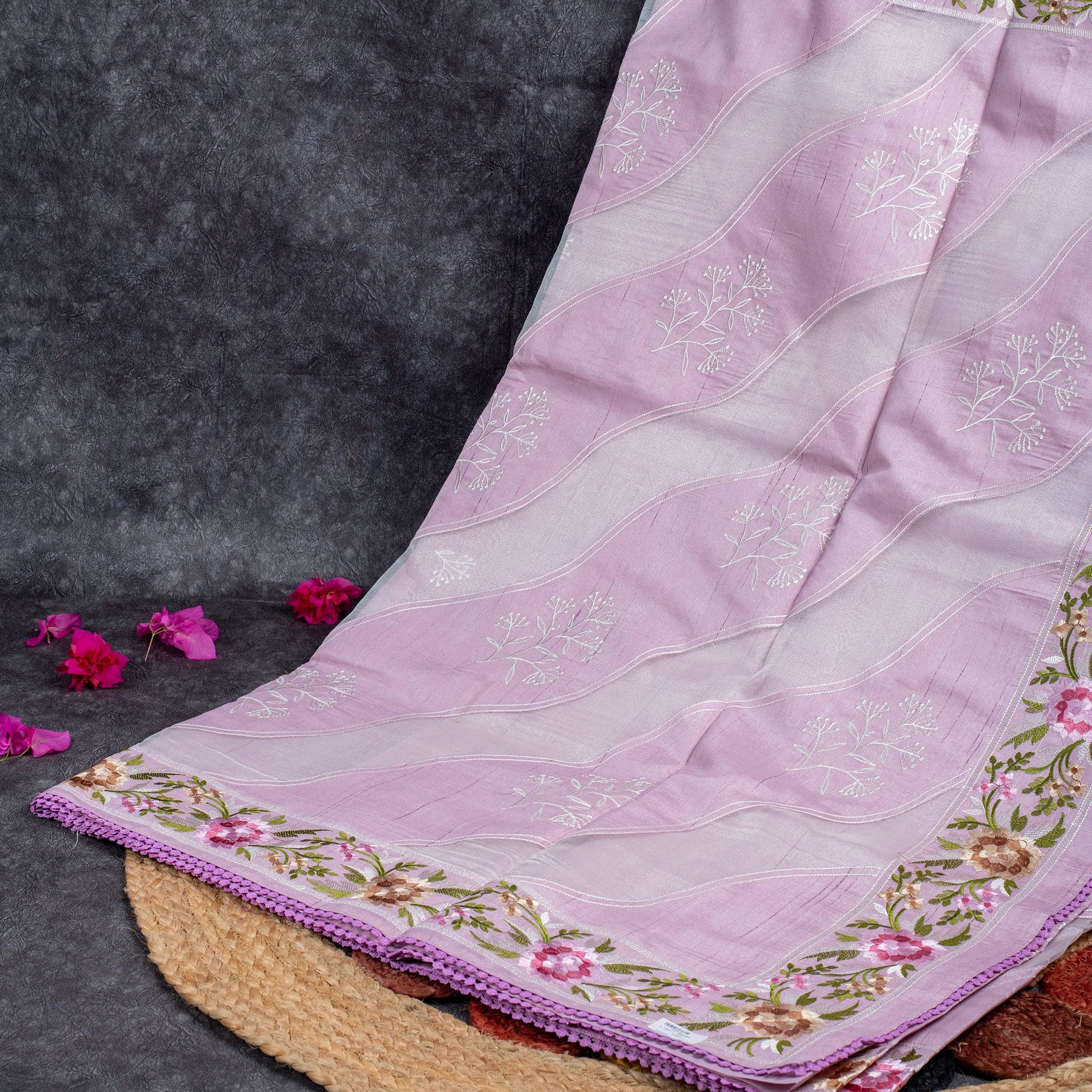 Semi Tussar Silk Saree – Organza & Tussar Fusion with Embroidery - Pink - Kleem Boutique