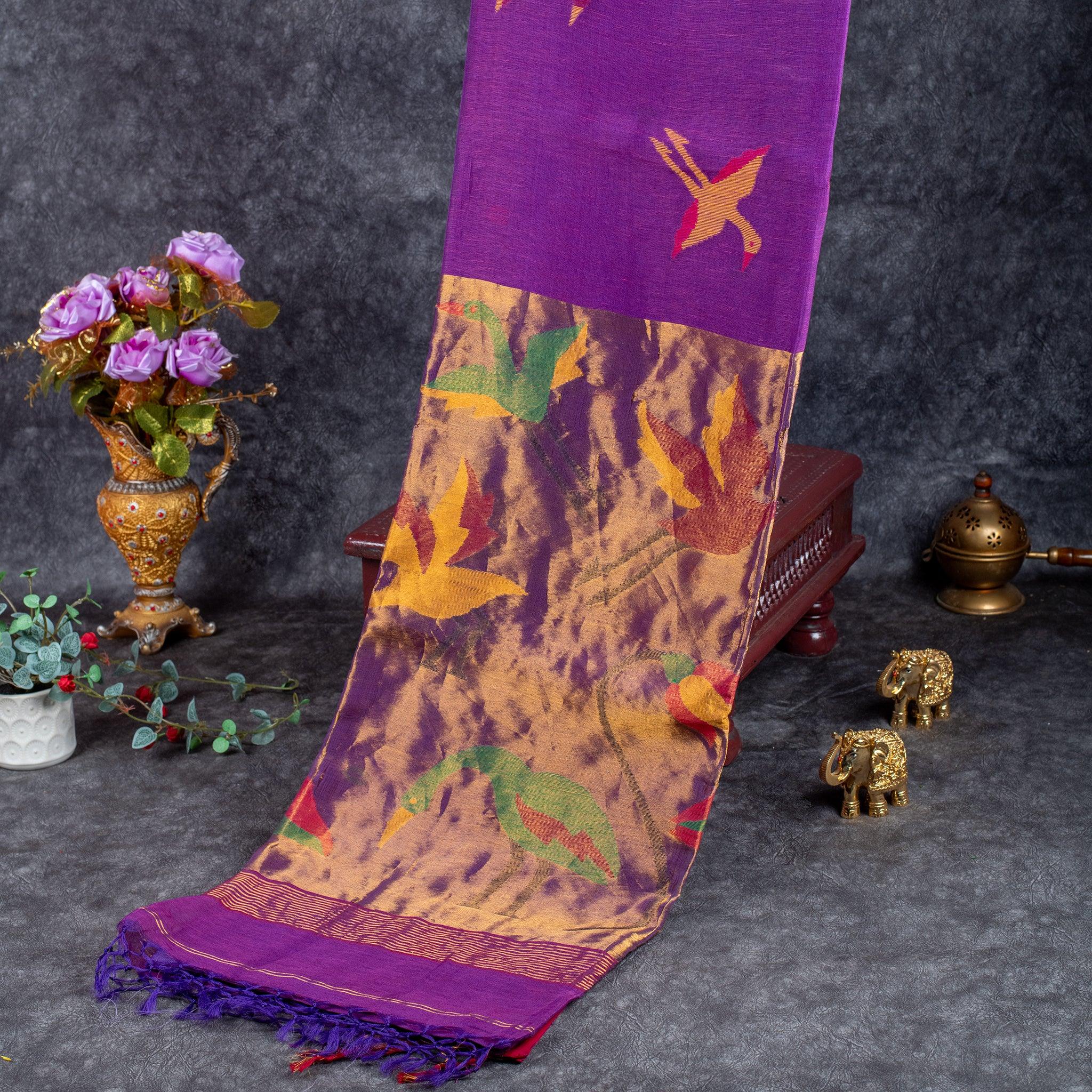 Matka Silk Jamdani Saree – Handwoven Artistic Elegance-Violet Secondary image
