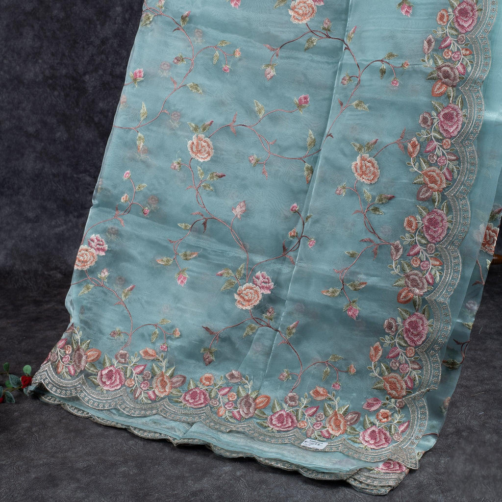 Tissue Kora Saree with Floral Embroidery Work - Sea Green - Kleem Boutique