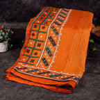 Pure Handloom Tussar Silk Orange Saree with Digital Print &amp; Kutch Work - Kleem Boutique