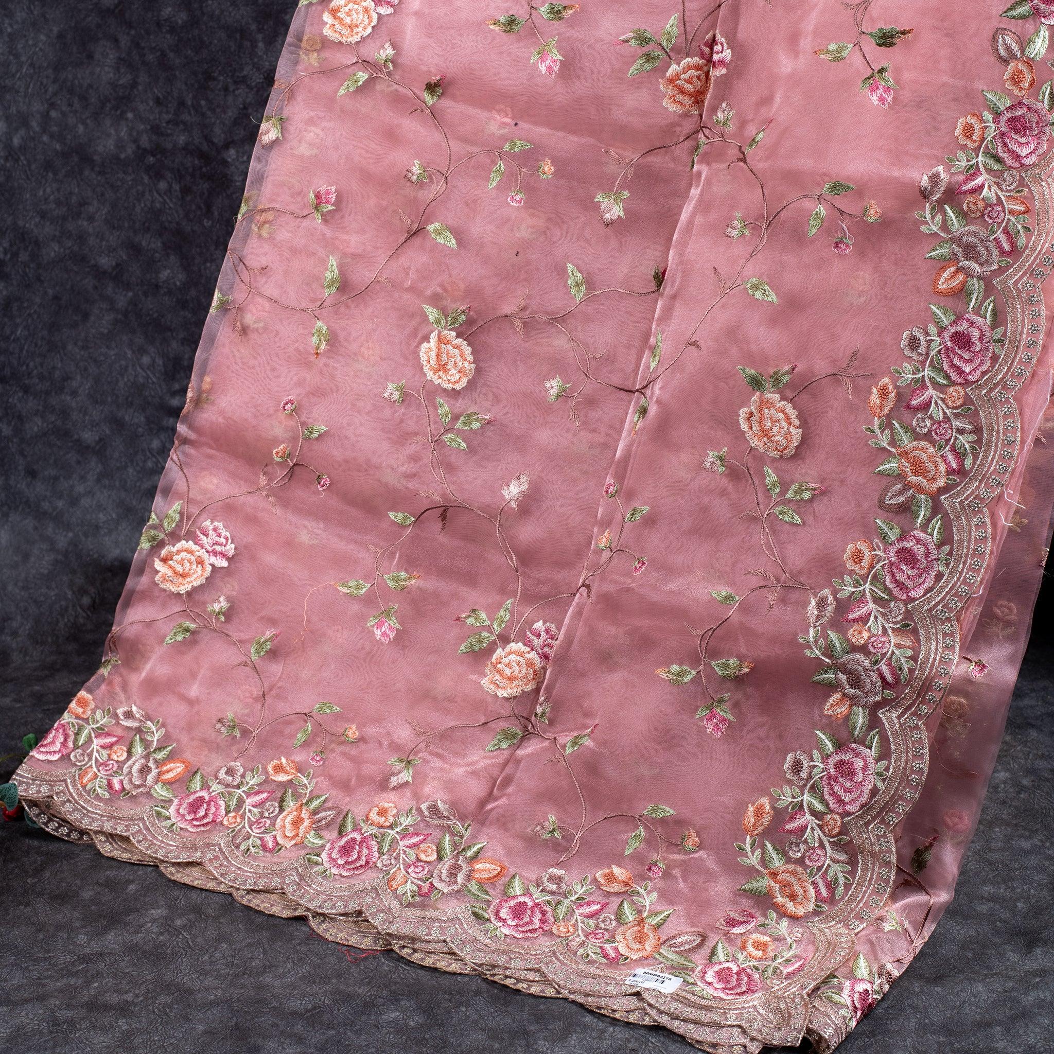 Tissue Kora Saree with Floral Embroidery Work - Peach - Kleem Boutique