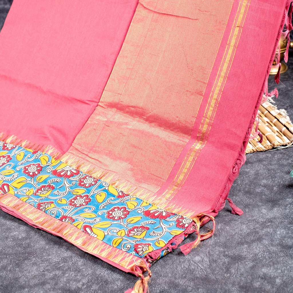 Pure Handloom MG Cotton Saree with Kalamkari Patch Work - Peach Pink - Kleem Boutique