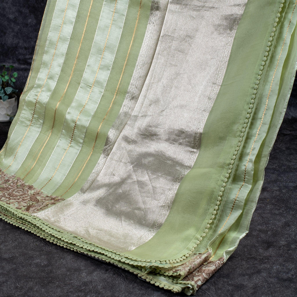 Pure Handloom Banarasi Kora Saree with Horizontal Stripes & Pette Point Work – Light & Dark Pista