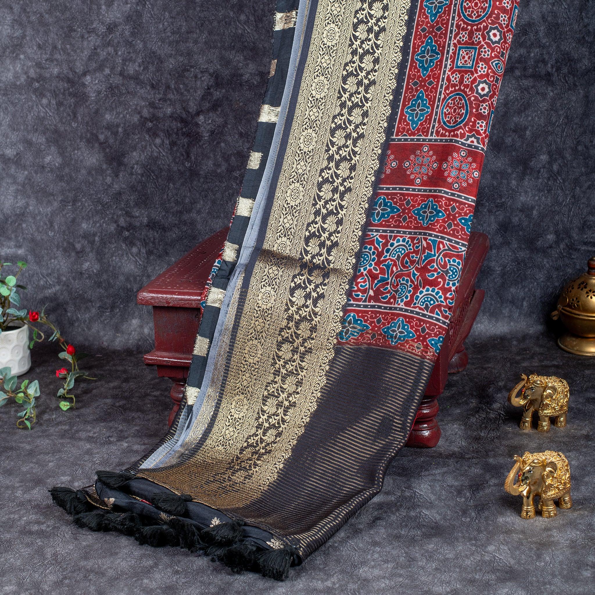 Jubilee Silk Ajrakh Saree - Red , Black & Blue - Kleem Boutique