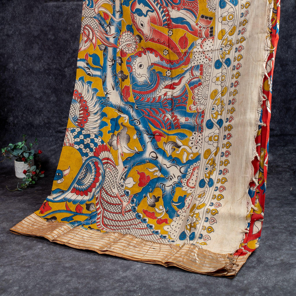 Pure Handloom Kanchi Border Silk Saree with Digital Prints - Orange - Kleem Boutique