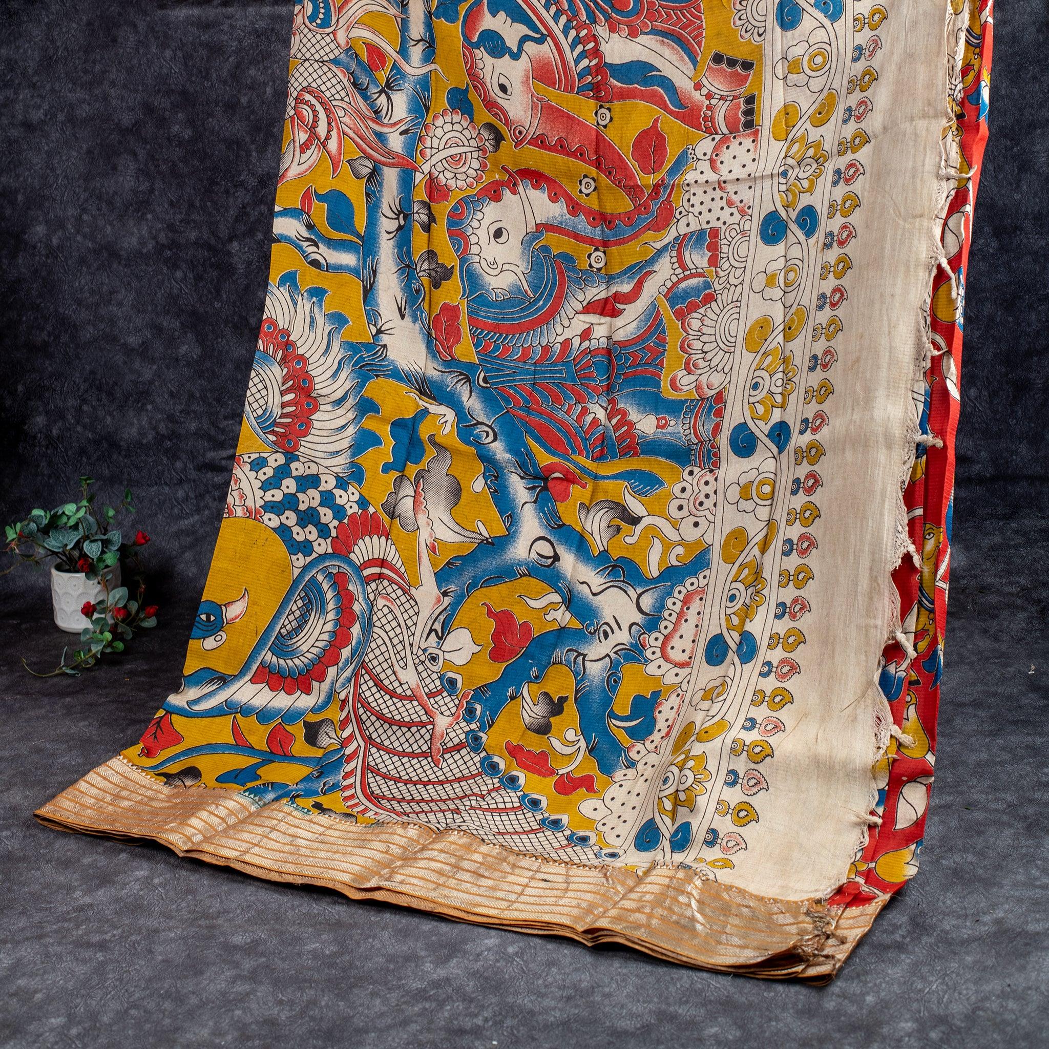 Pure Handloom Kanchi Border Silk Saree with Digital Prints - Orange - Kleem Boutique