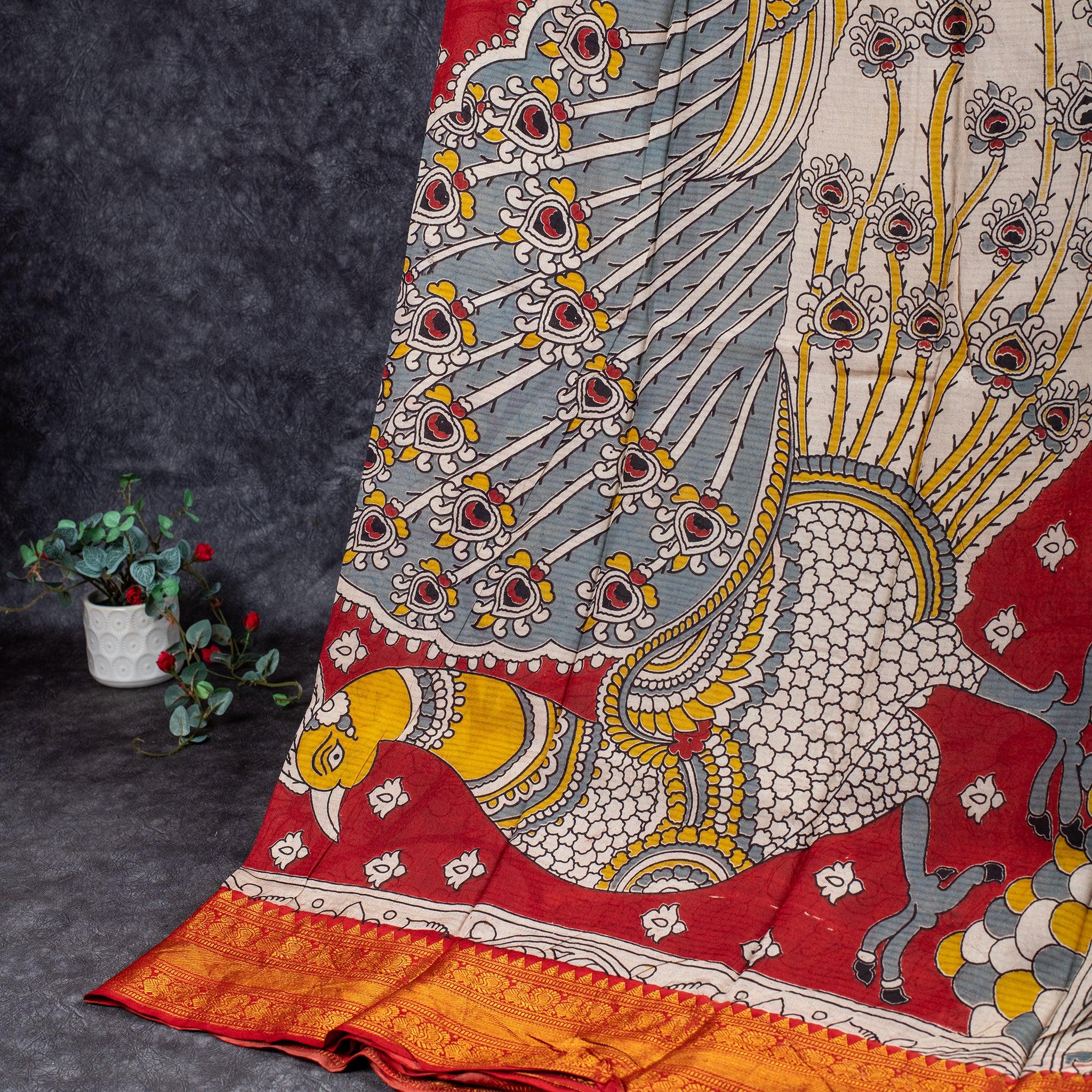 Pure Handloom Kanchi Border Silk Saree with Digital Prints - Ash Colour Secondary image