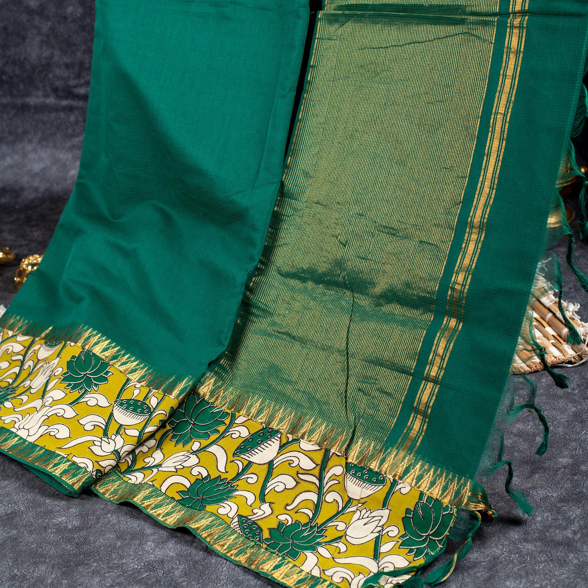 Pure Handloom MG Cotton Saree with Kalamkari Patch Work - Green Secondary image