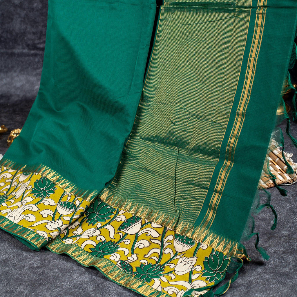 Pure Handloom MG Cotton Saree with Kalamkari Patch Work - Green - Kleem Boutique