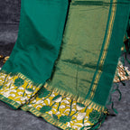 Pure Handloom MG Cotton Saree with Kalamkari Patch Work - Green - Kleem Boutique