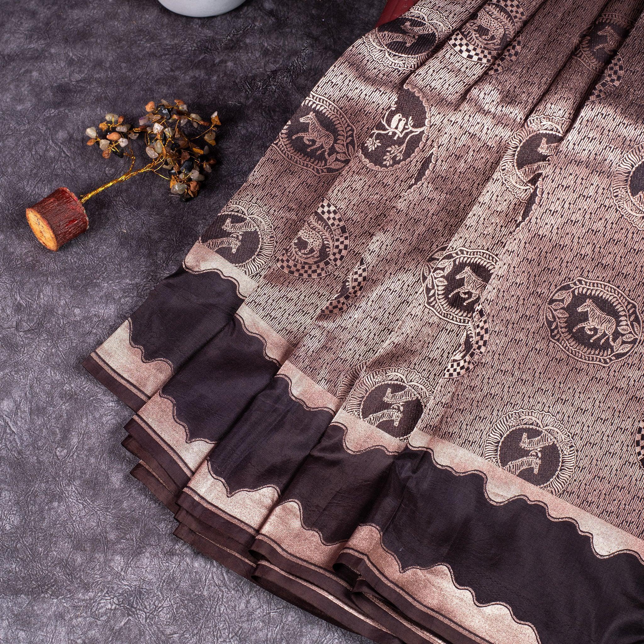 Handloom Banarasi Brocade Saree – Animal Motifs with Gold Zari - Kleem Boutique