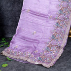 Tissue Kora Saree with Embroidery Work on the Border- Lavender - Kleem Boutique