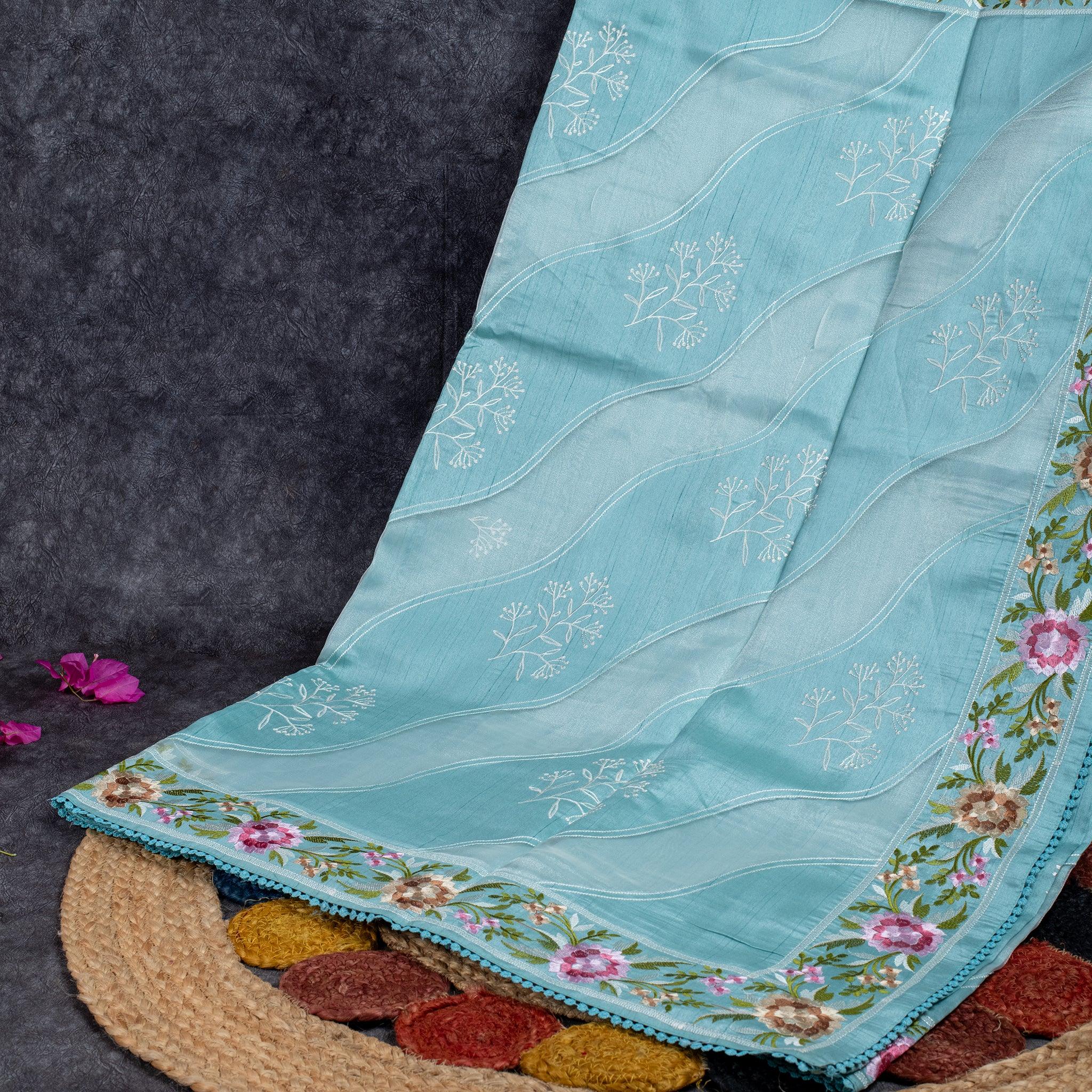 Semi Tussar Silk Saree – Organza & Tussar Fusion with Floral Embroidery - Siege Blue Secondary image