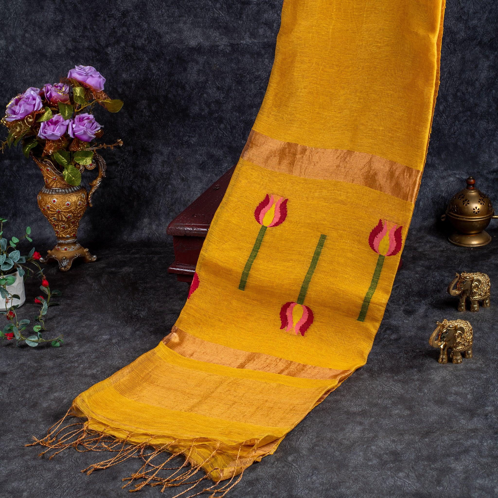 Jamdani Silk Saree with Horizontal Line Design – Handwoven Elegance - Yellow Secondary image